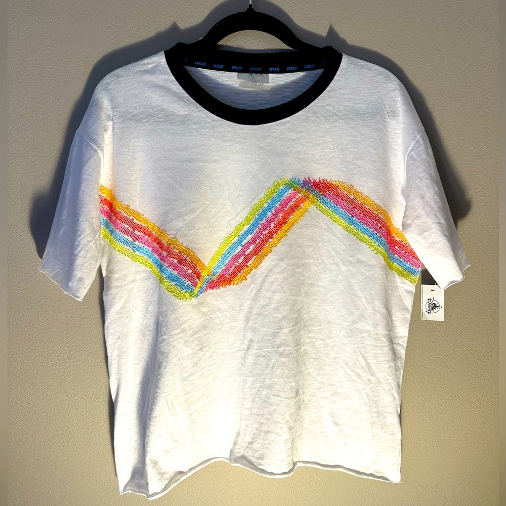 NWT Epcot Disney Park Rainbow Embroidery Ringer Tee w/ Rolled Hem - unisex small